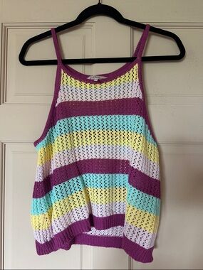 BCBGeneration Striped Crochet Tank Top in Purple, Teal & Yellow